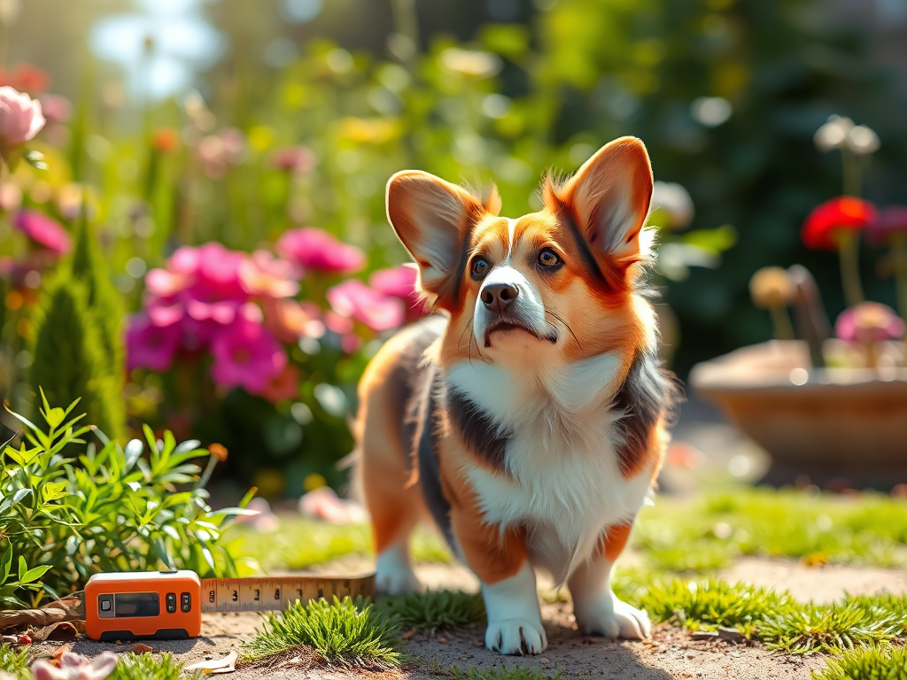 Pembroke Welsh Corgi dog with size and weight measuring tools, showcasing its distinctive appearance for the size, weight, and appearance guide.