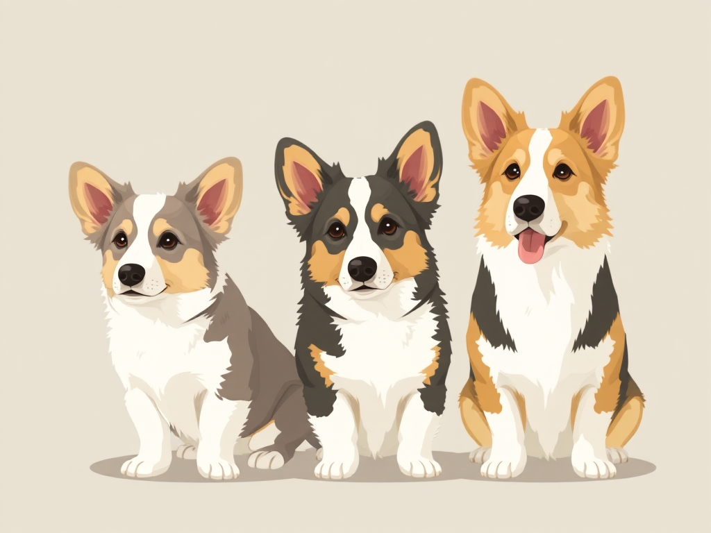 Pembroke Welsh Corgi growth timeline with three dogs showing size progression from puppy to adult for the Size, Weight & Appearance Guide.