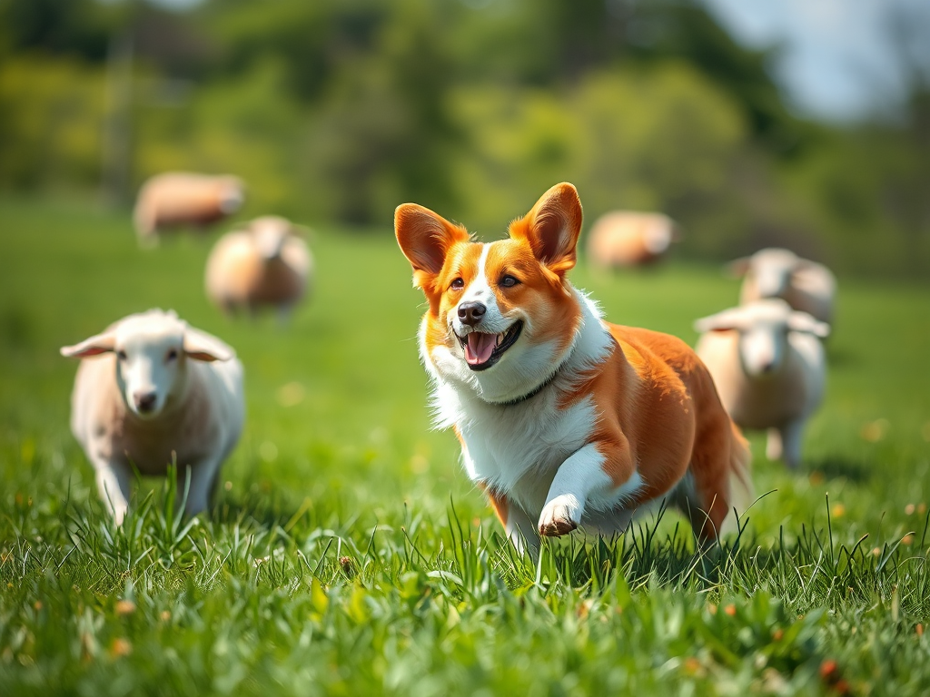 Pembroke Welsh Corgi herding sheep in a grassy meadow, showing the breed's active and intelligent temperament for Welsh Corgi dog breed facts. Pembroke Welsh Corgi herding sheep in a grassy meadow, showing the breed's active and intelligent temperament for Welsh Corgi dog breed facts.