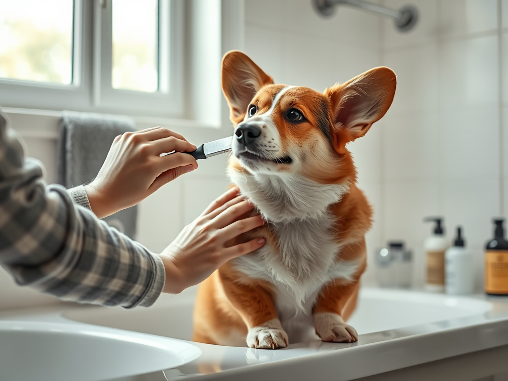 Person brushing a Welsh Corgi's fur at home in a bathroom, showing a step in the grooming process for a step-by-step guide. Person brushing a Welsh Corgi's fur at home in a bathroom, showing a step in the grooming process for a step-by-step guide.