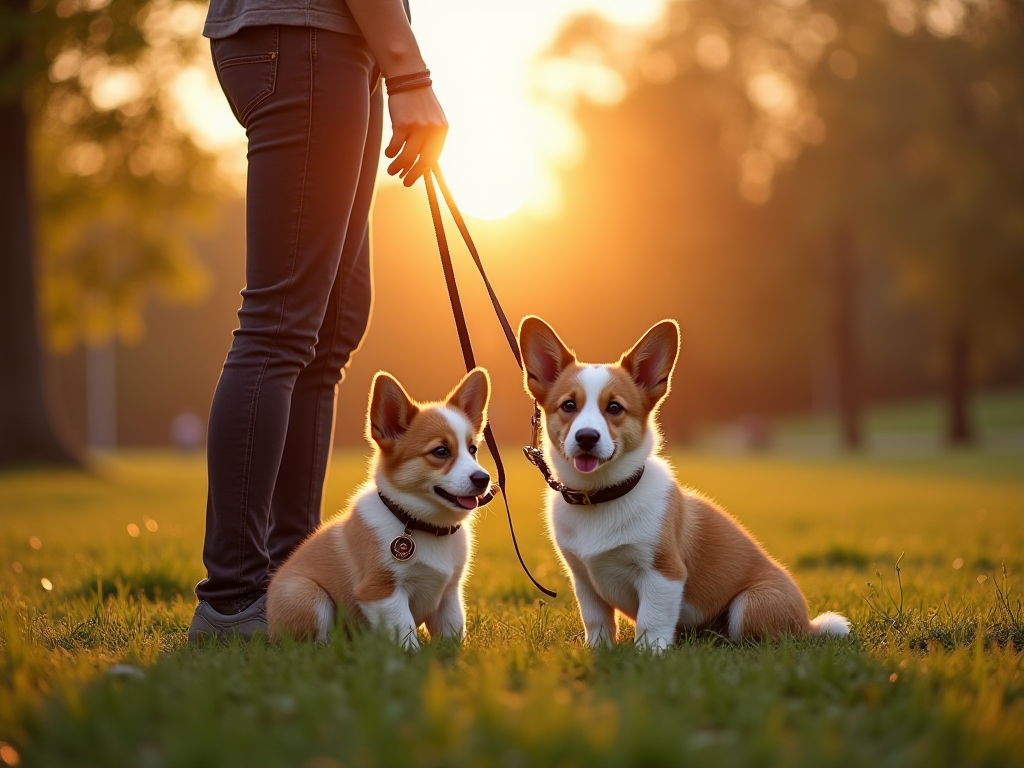 Person holding leashes of two Welsh Corgi puppies in a park at sunset, one adopted and one from a breeder, illustrating the choice to adopt or buy a Welsh Corgi.