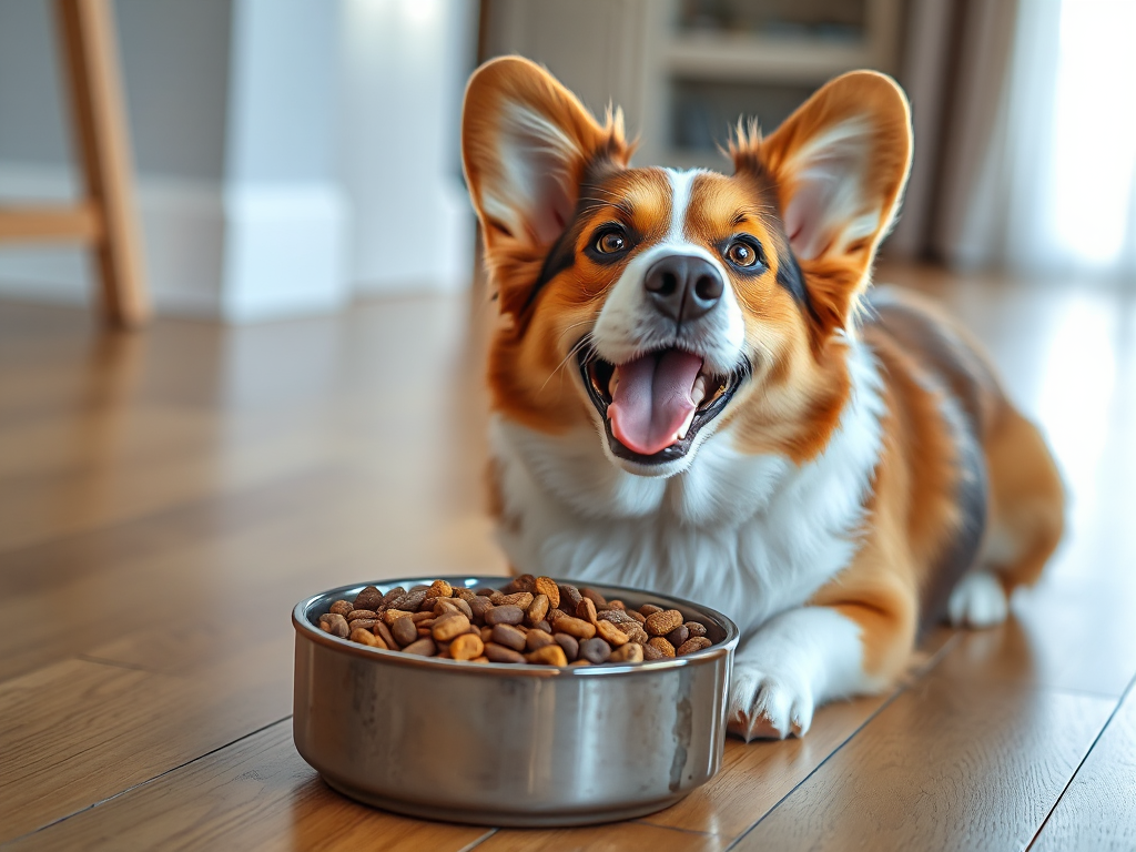 Photograph of a Welsh Corgi happily eating dry dog food from a bowl, showcasing vet-recommended nutrition for Welsh Corgis.