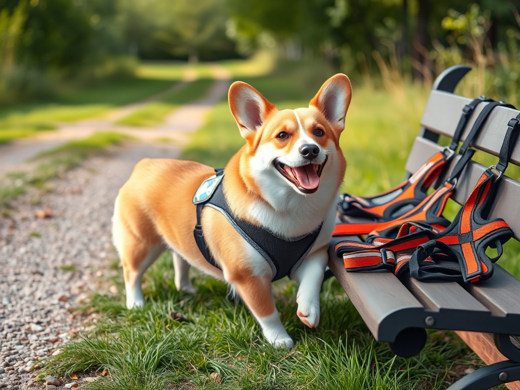 Photograph showing a corgi wearing a harness, with multiple harnesses for short-legged dogs, representing best picks for corgis. Photograph showing a corgi wearing a harness, with multiple harnesses for short-legged dogs, representing best picks for corgis.