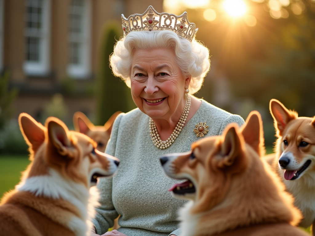 Queen Elizabeth II surrounded by multiple Pembroke Welsh Corgis in the gardens of Buckingham Palace at sunset with warm lighting
