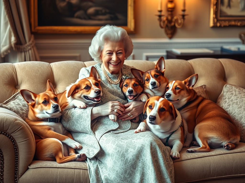 Queen Elizabeth petting a corgi while other corgis sit nearby in a luxurious palace sitting room Queen Elizabeth petting a corgi while other corgis sit nearby in a luxurious palace sitting room
