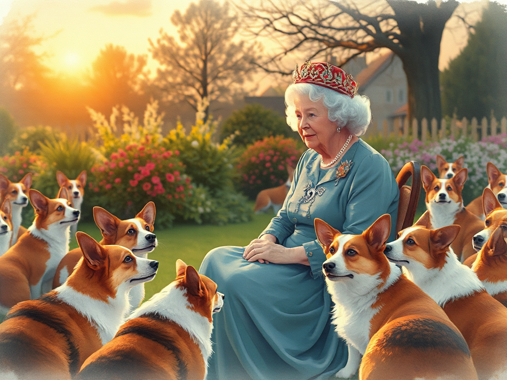 Queen Elizabeth surrounded by many corgis in a blooming garden, watercolor illustration with soft colors for the closing section. Queen Elizabeth surrounded by many corgis in a blooming garden, watercolor illustration with soft colors for the closing section.