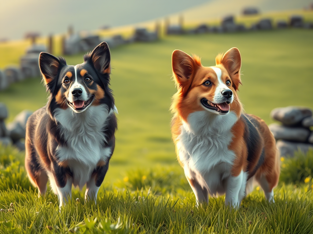 Section illustration for 'Where Do Welsh Corgis Come From? Breed History Explained' depicting Pembroke and Cardigan Welsh Corgis in a pastoral Welsh setting. Section illustration for 'Where Do Welsh Corgis Come From? Breed History Explained' depicting Pembroke and Cardigan Welsh Corgis in a pastoral Welsh setting.