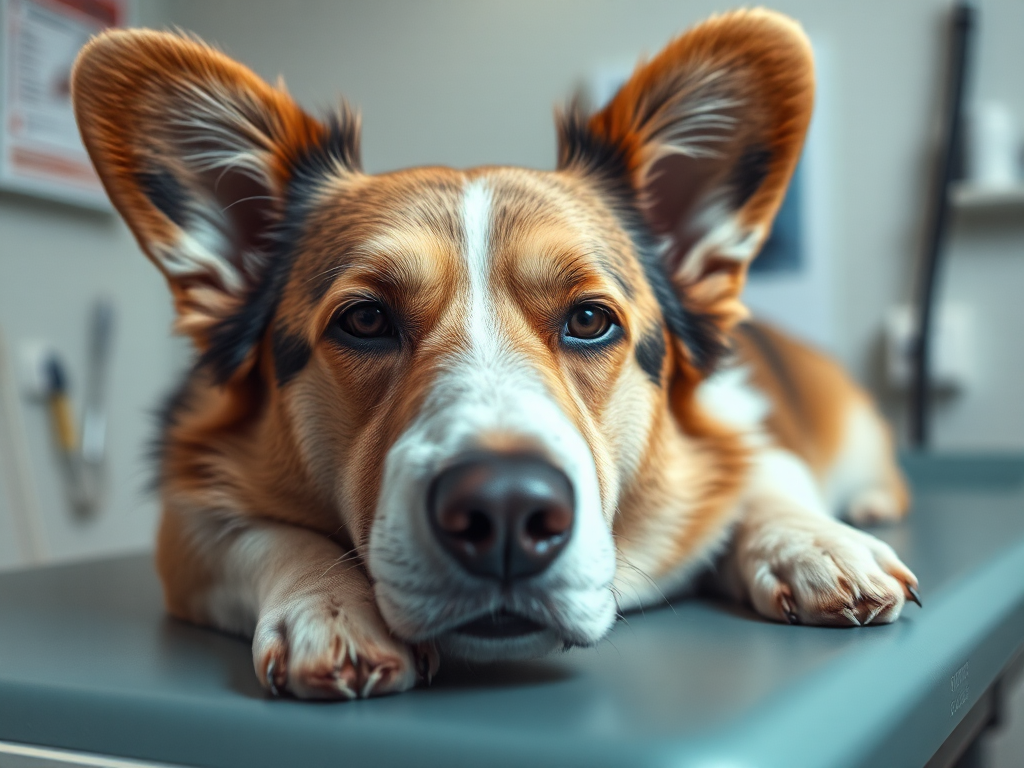 Senior Welsh Corgi with graying fur resting on a veterinary exam table during a check-up, highlighting common age-related health issues in the breed.