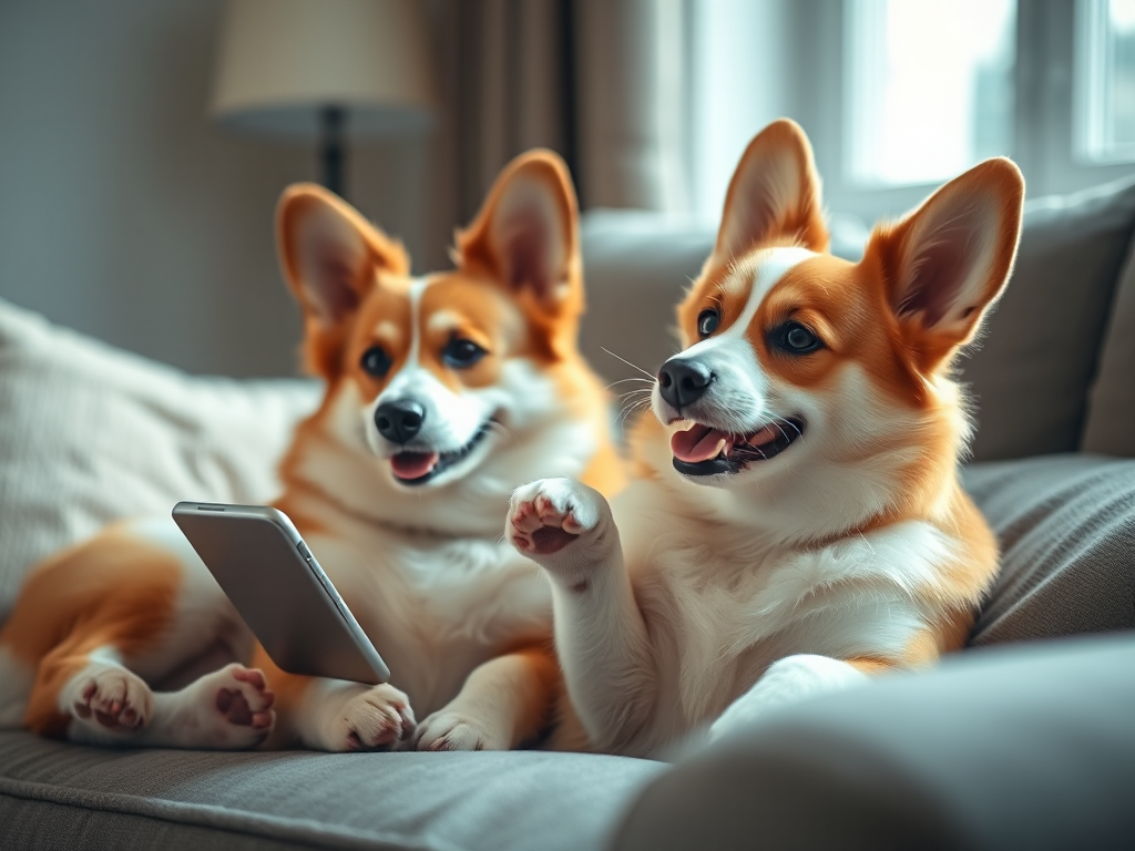 Two corgis on a plush couch, one tapping a smartphone screen with its paw, soft natural light from a window, cozy living room setting.