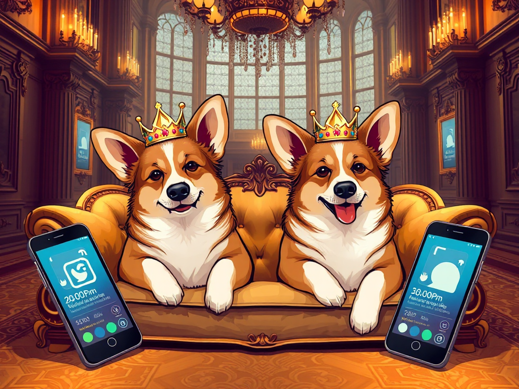 Two playful corgis adorned with tiny crowns, lounging on ornate furniture in a grand room, surrounded by glowing smartphone screens with social media app icons Two playful corgis adorned with tiny crowns, lounging on ornate furniture in a grand room, surrounded by glowing smartphone screens with social media app icons