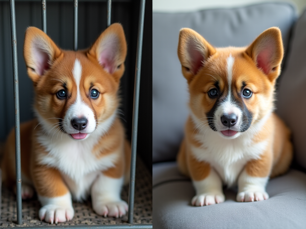 Two Welsh Corgi puppies representing adoption versus buying options, one in a shelter and one in a home setting for comparison.