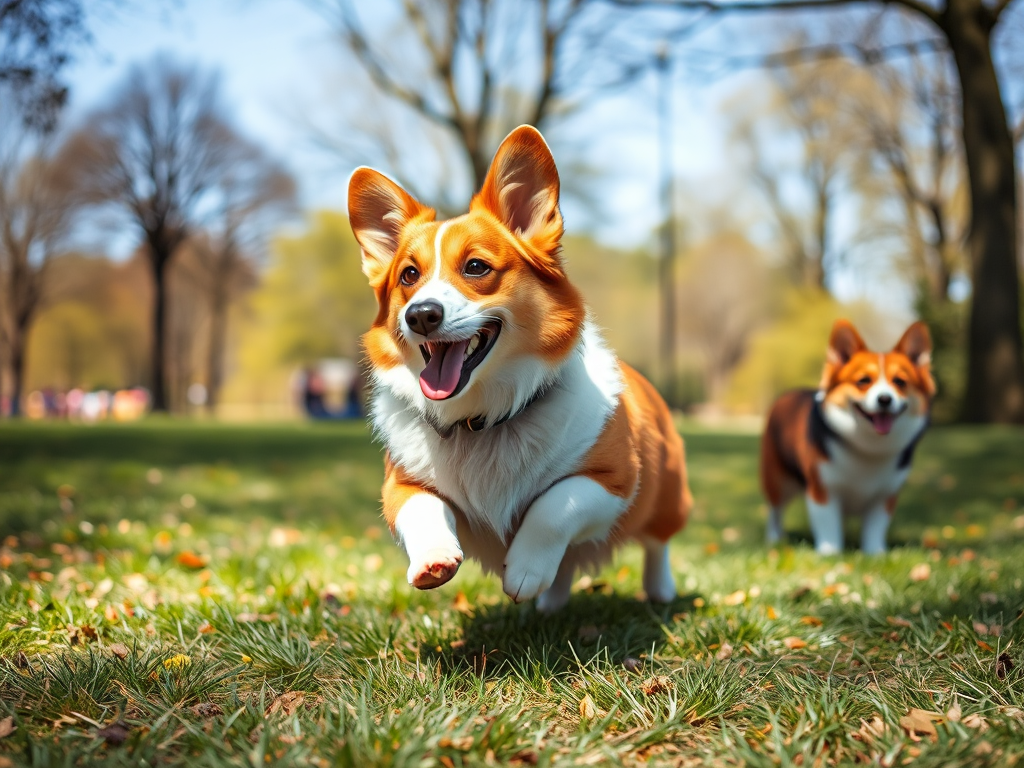 Two Welsh Corgis in a park, one demonstrating high energy by running and the other calm by sitting, illustrating their temperament