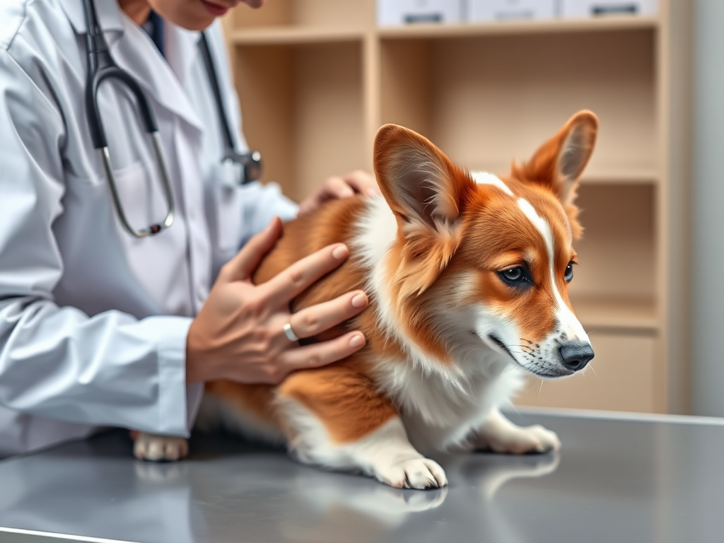 Veterinarian carefully assessing a Pembroke Welsh Corgi's spine for symptoms of IVDD-related back problems during a clinical examination in a veterinary clinic