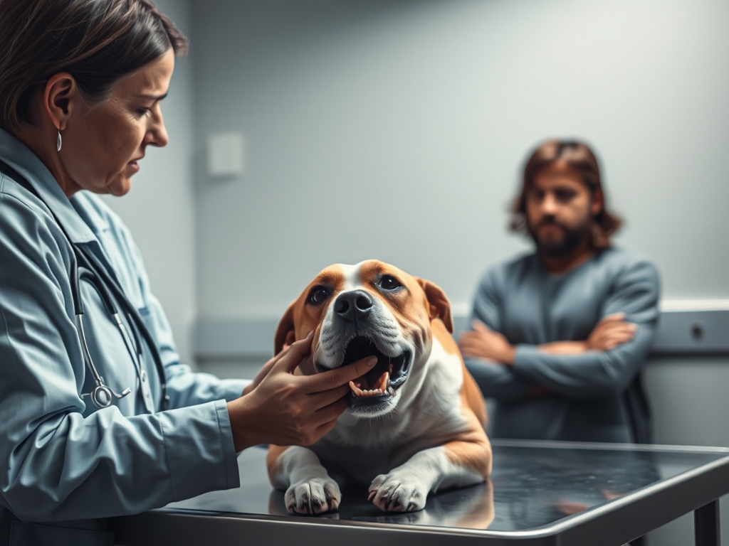 Veterinarian performing a check-up on a dog that frequently eats grass, with an anxious owner watching in a veterinary clinic setting. Veterinarian performing a check-up on a dog that frequently eats grass, with an anxious owner watching in a veterinary clinic setting.