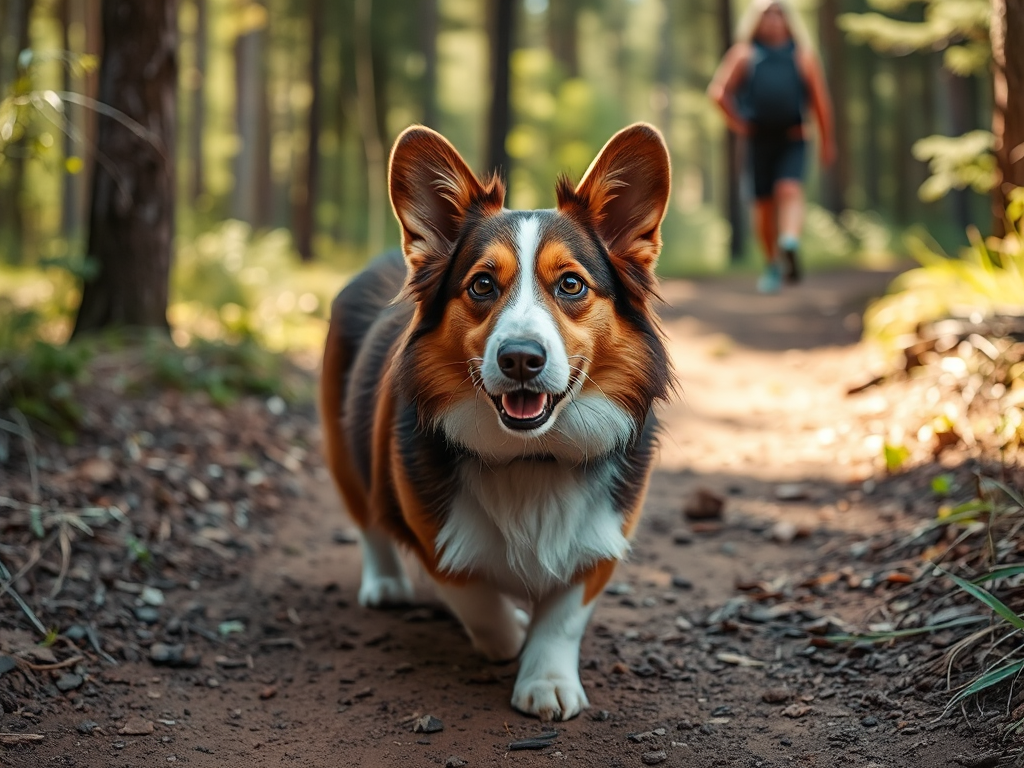 Welsh Corgi and owner hiking on a forest trail, demonstrating age-appropriate pace to determine if they are good hiking dogs. Welsh Corgi and owner hiking on a forest trail, demonstrating age-appropriate pace to determine if they are good hiking dogs.