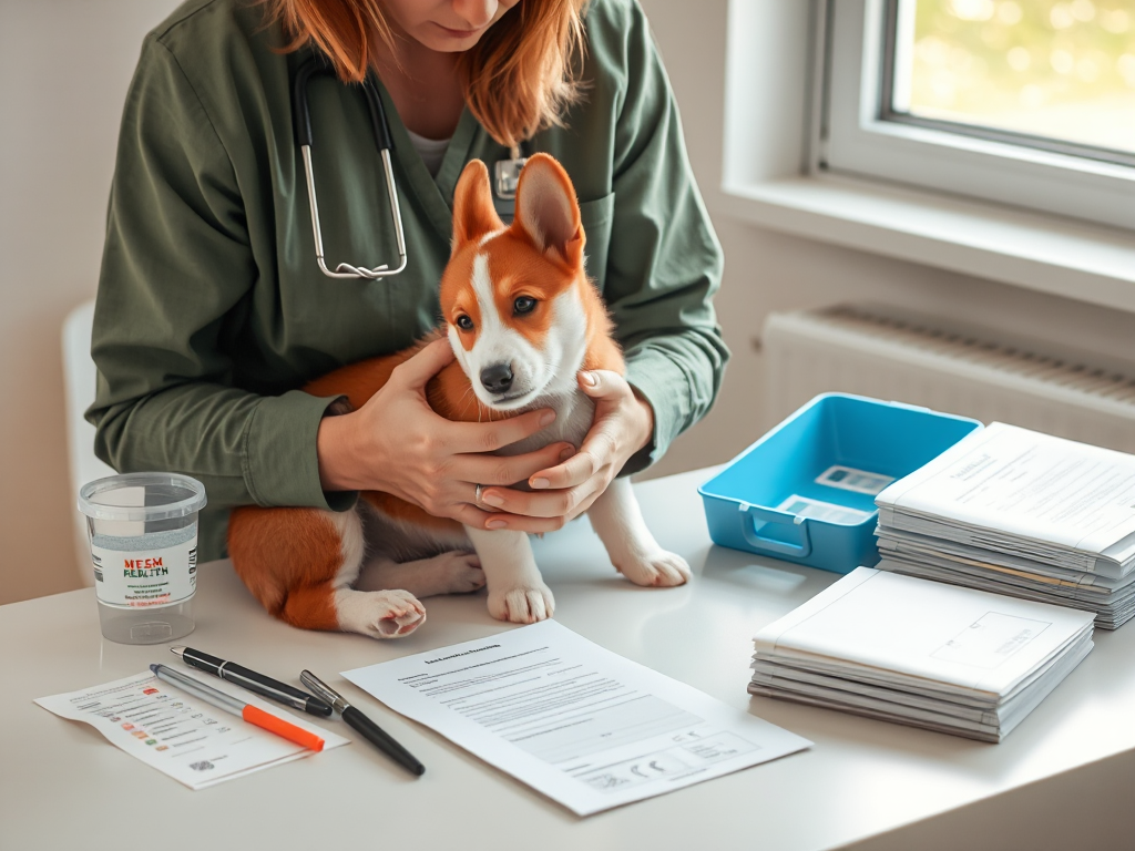 Welsh Corgi breeder performing health tests on puppies with veterinary supplies, illustrating breeding costs for expensive corgi litters Welsh Corgi breeder performing health tests on puppies with veterinary supplies, illustrating breeding costs for expensive corgi litters