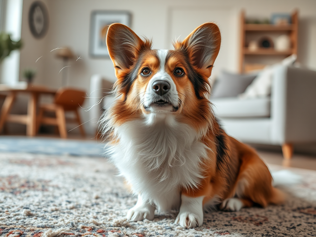 Welsh Corgi daily shedding with floating fur in living room, showing how much corgis shed for pet owners. Welsh Corgi daily shedding with floating fur in living room, showing how much corgis shed for pet owners.