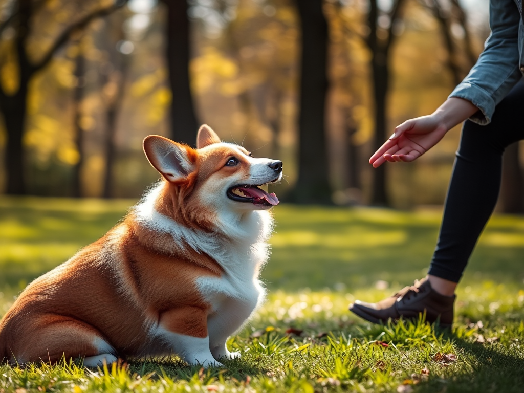 Welsh Corgi demonstrating intelligence and trainability during an outdoor training session, focused and responsive in a bright setting
