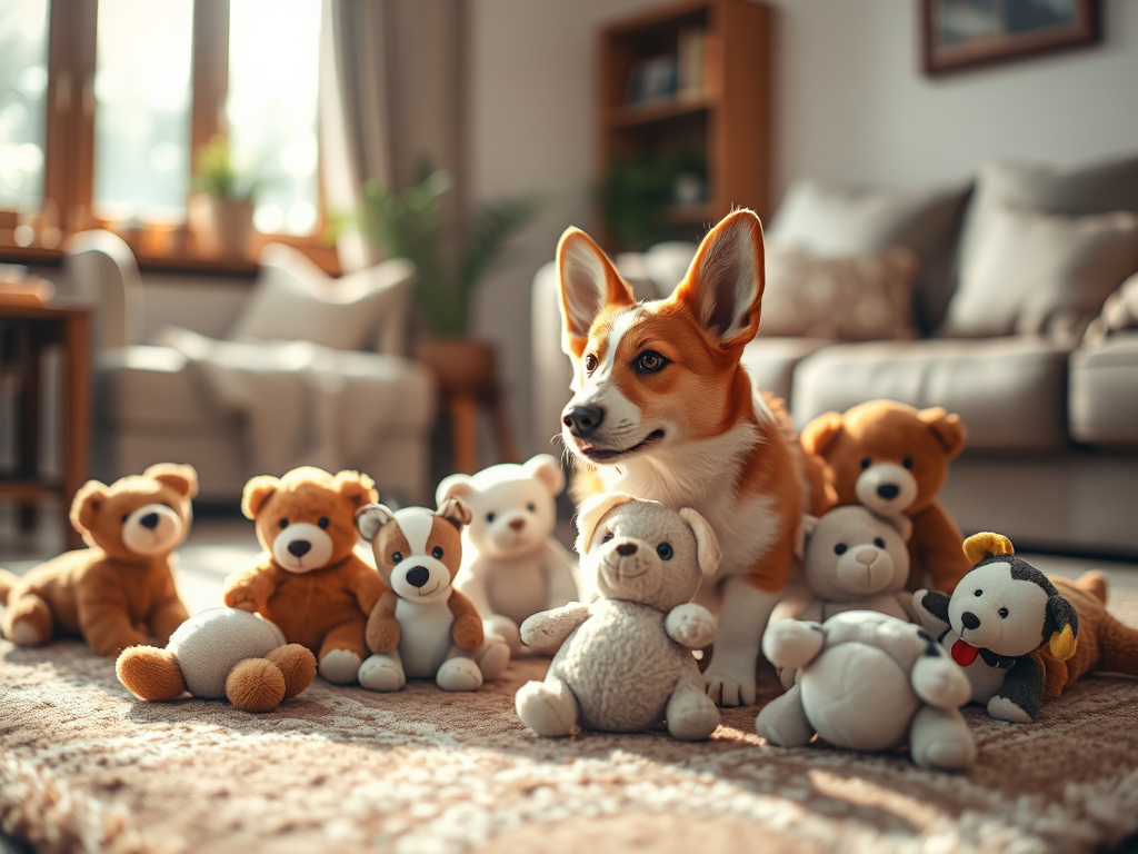 Welsh Corgi dog nudging plush toys across a rug in a sunlit living room, depicting herding instinct in a domestic pet setting.