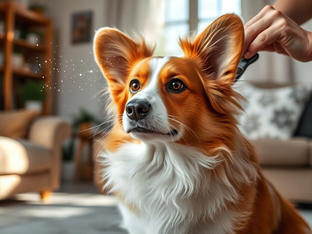 Welsh Corgi during blowing coat season, shedding fur heavily in home setting, owner grooming, illustrating shedding extent for dog owners. Welsh Corgi during blowing coat season, shedding fur heavily in home setting, owner grooming, illustrating shedding extent for dog owners.