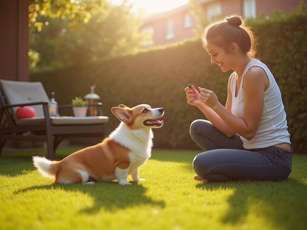 Welsh Corgi exercising and training with owner in garden, grooming tools present, illustrating daily care for 'Is a Welsh Corgi the Right Dog for Me? Welsh Corgi exercising and training with owner in garden, grooming tools present, illustrating daily care for 'Is a Welsh Corgi the Right Dog for Me?