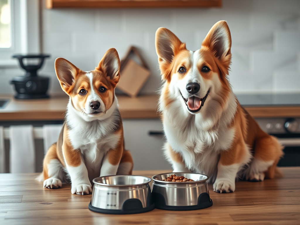 Welsh Corgi feeding portion guide by age and weight shown with puppies and adults next to measured food bowls in a home kitchen setting.