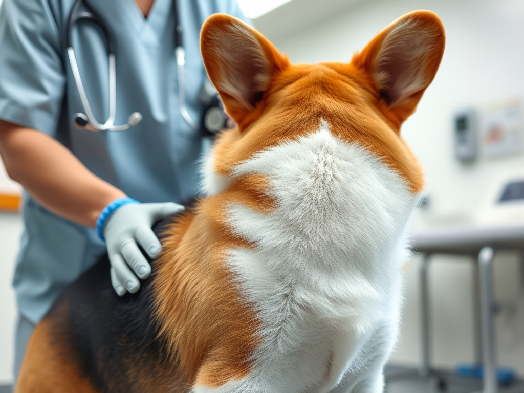 Welsh Corgi health issues: an adult Corgi undergoing a veterinary check-up for common age-related problems in a clinic setting.