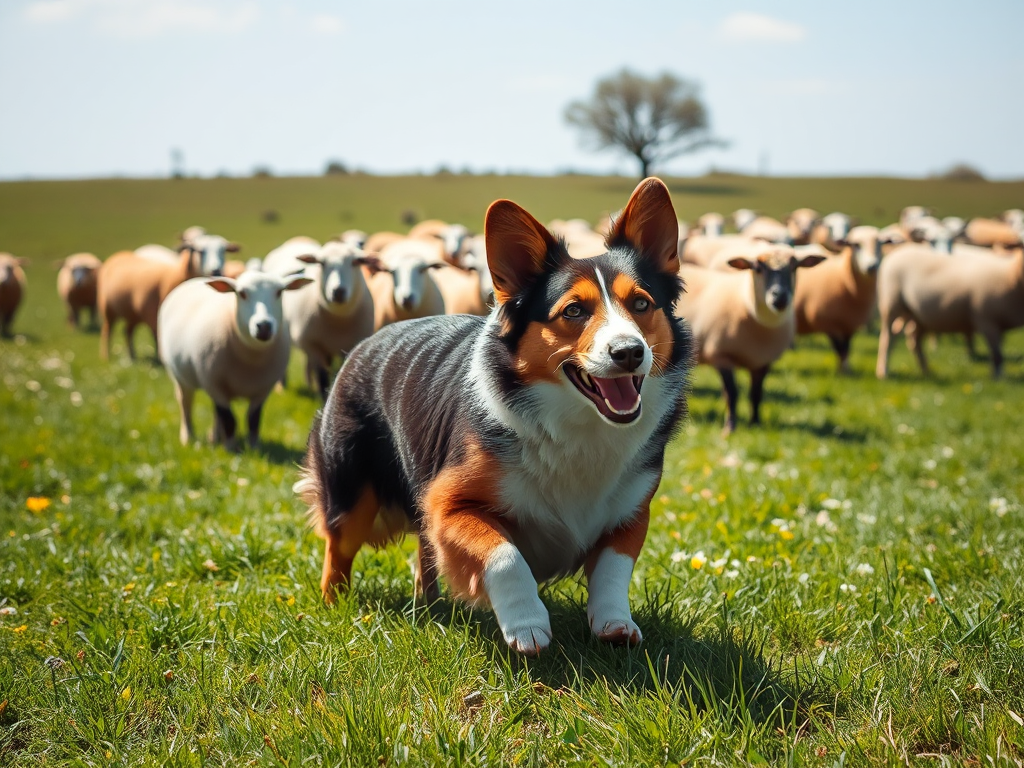 Welsh Corgi herding sheep in a sunny green field, the dog running with purpose and sheep responding, showing herding instincts and high energy relevant to Welsh Corgi temperament. Welsh Corgi herding sheep in a sunny green field, the dog running with purpose and sheep responding, showing herding instincts and high energy relevant to Welsh Corgi temperament.