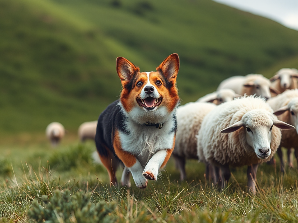Welsh Corgi herding sheep on a countryside farm, showcasing its intelligent and energetic herding breed personality. Welsh Corgi herding sheep on a countryside farm, showcasing its intelligent and energetic herding breed personality.