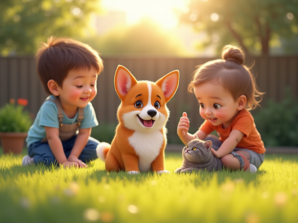 Welsh Corgi interacting positively with children and a cat in a backyard setting, showing good socialization for multi-pet homes Welsh Corgi interacting positively with children and a cat in a backyard setting, showing good socialization for multi-pet homes
