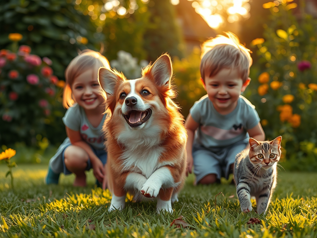 Welsh Corgi interacting positively with children and a cat in a sunny backyard, showing how Welsh Corgis can be good with kids and other pets.