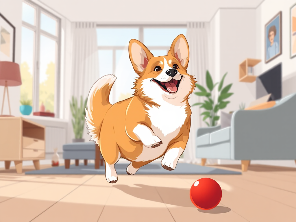 Welsh Corgi playing fetch in a compact apartment living room with soft light, demonstrating daily exercise needs for corgis living in apartments, as per "Can a Welsh Corgi Live in an Apartment? Welsh Corgi playing fetch in a compact apartment living room with soft light, demonstrating daily exercise needs for corgis living in apartments, as per "Can a Welsh Corgi Live in an Apartment?