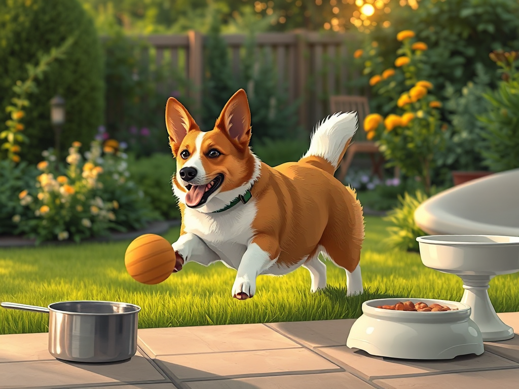 Welsh Corgi playing in garden with measuring cup and dog food bowl, demonstrating portion control for obesity prevention from the feeding guide. Welsh Corgi playing in garden with measuring cup and dog food bowl, demonstrating portion control for obesity prevention from the feeding guide.