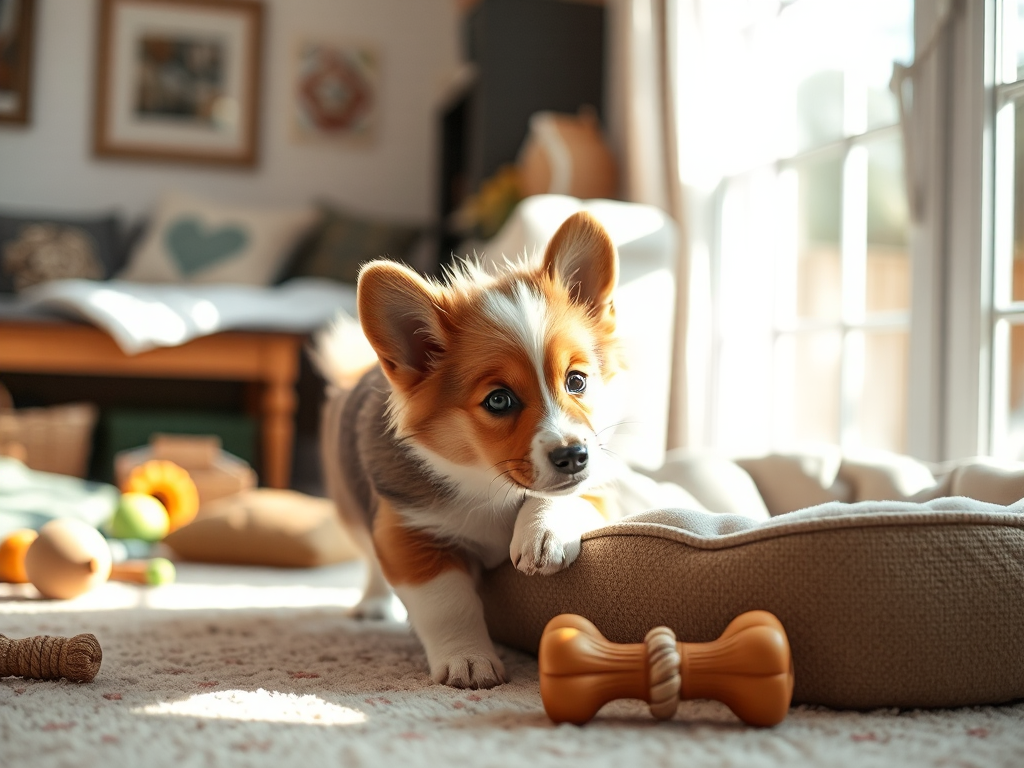 Welsh Corgi Puppy: First Week Home Checklist - A curious puppy adjusting to its new home environment with toys and bed