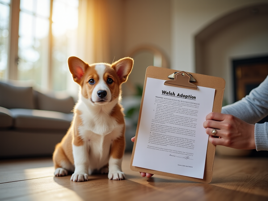 Welsh Corgi puppy with owner reviewing adoption and breeder documents in a bright living room, deciding between adoption or purchase