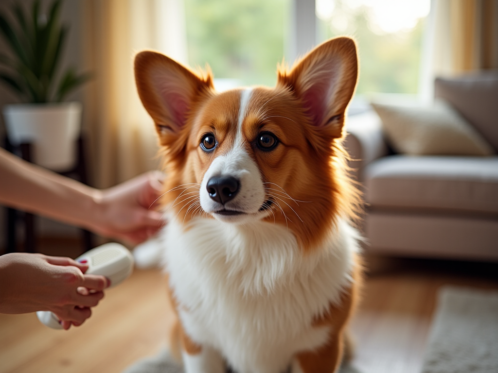 Welsh Corgi shedding profuse fur while being gently brushed by owner in a bright living room, demonstrating typical shedding for owners to manage