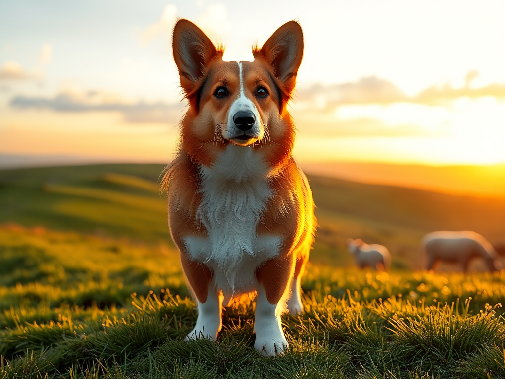 Welsh Corgi standing on a hillside in Wales with sheep in the background, illustrating the breed's historical herding origins Welsh Corgi standing on a hillside in Wales with sheep in the background, illustrating the breed's historical herding origins