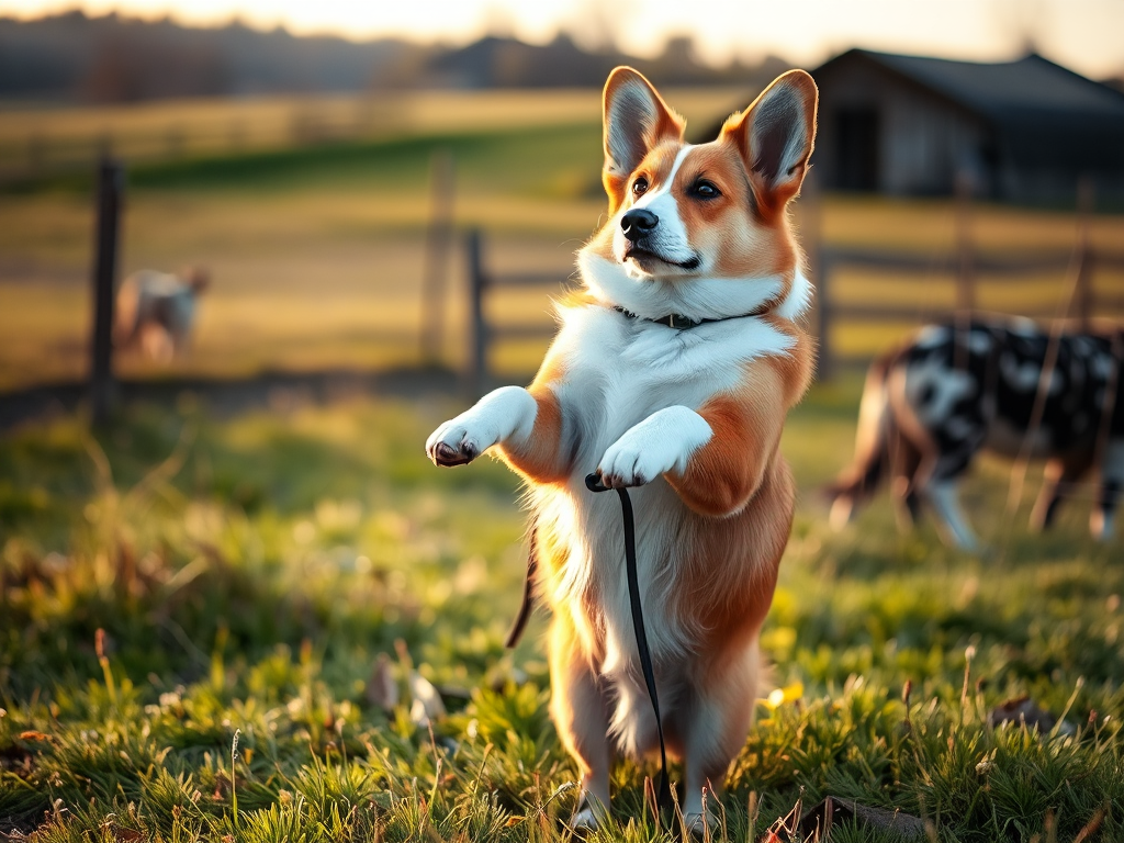 Welsh Corgi standing on hind legs in a lush green meadow at sunset, with curious expression and soft natural light.
