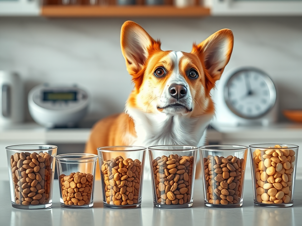 Welsh Corgi surrounded by assorted cups of kibble on a kitchen table, illustrating misleading cup measurements for portion control when feeding a Welsh Corgi Welsh Corgi surrounded by assorted cups of kibble on a kitchen table, illustrating misleading cup measurements for portion control when feeding a Welsh Corgi