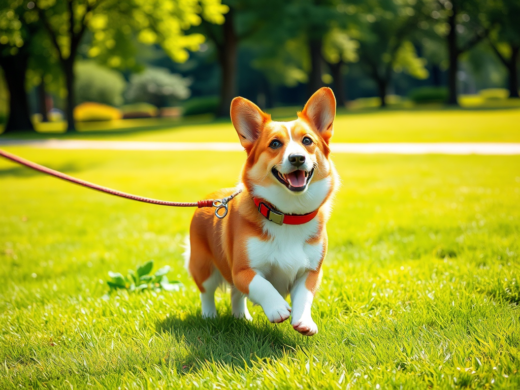 Welsh Corgi walking on a leash in a park during daytime, demonstrating daily exercise routine for the breed