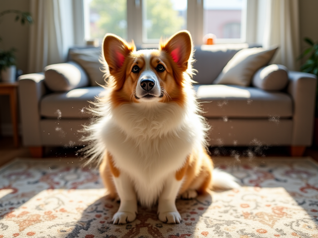 Welsh Corgi with loose fur scattered in air during heavy shedding, in a home living room setting, illustrating the blowing coat phase for shedding awareness. Welsh Corgi with loose fur scattered in air during heavy shedding, in a home living room setting, illustrating the blowing coat phase for shedding awareness.