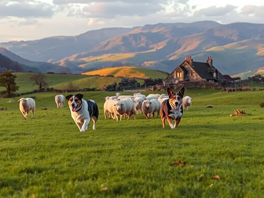 Welsh Corgis guiding a flock of sheep in the Welsh countryside with a farmhouse and mountains under clear skies, depicting their herding origins Welsh Corgis guiding a flock of sheep in the Welsh countryside with a farmhouse and mountains under clear skies, depicting their herding origins